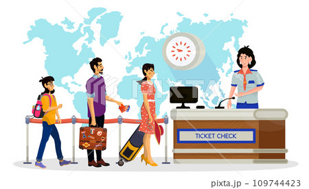 Vector cartoon illustration of woman stewardess who check tickets of passengers in an airport. 109744423
