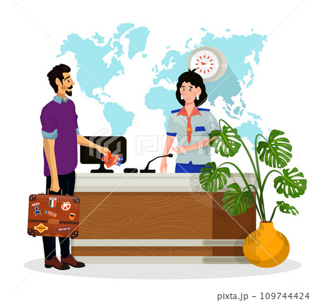 Vector cartoon illustration of woman stewardess who check tickets of passengers in an airport. 109744424