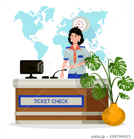 Vector cartoon illustration of woman stewardess who check tickets of passengers in an airport. 109744425