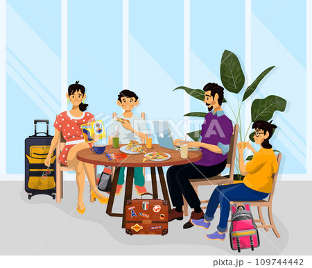 Vector illustration of Duty Free Shop and cafe in an airport and family spend time and eating there. 109744442