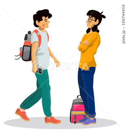 Vector cartoon illustration of school children on white isolated background. Boy and girl together. Vector cartoon illustration of school children on white isolated background. Boy and girl together. 109744459