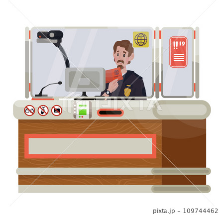 Vector flat illustration of desk with administrator, customs or police officer. Vector flat illustration of desk with administrator, customs or police officer. 109744462