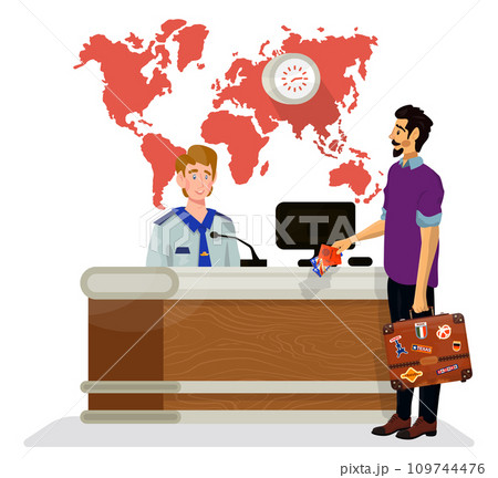 Vector flat illustration of desk with administrator, customs or police officer. 109744476
