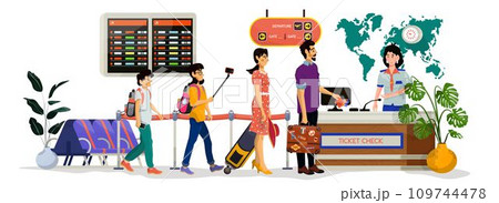 Vector cartoon illustration of woman stewardess who check tickets of passengers in an airport. Vector cartoon illustration of woman stewardess who check tickets of passengers in an airport. 109744478