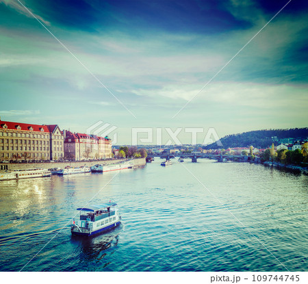 Tourist boats on Vltava river in Prague 109744745