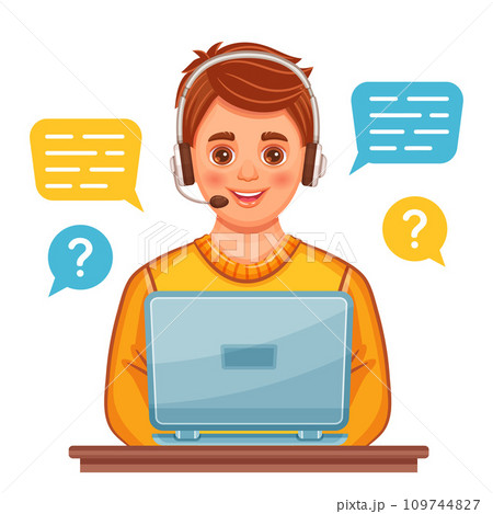 Online customer support service operator, call center consultant, hotline phone assistant icon. Man with headphone, computer laptop talk with client. Help desk, internet telephone consultation vector Online customer support service operator, call center consultant, hotline phone assistant icon. Man with headphone, computer laptop talk with client. Help desk, internet telephone consultation vector 109744827