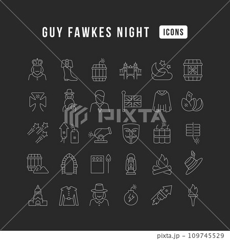 Set of linear icons of Guy Fawkes Night Set of linear icons of Guy Fawkes Night 109745529