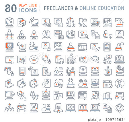 Set Vector Line Icons of Freelancer and Online Education. 109745634