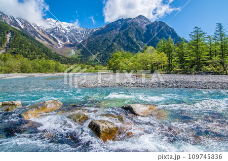 《新緑シーズンの上高地》清流梓川の流れと残雪の穂高連峰 《新緑シーズンの上高地》清流梓川の流れと残雪の穂高連峰 109745836