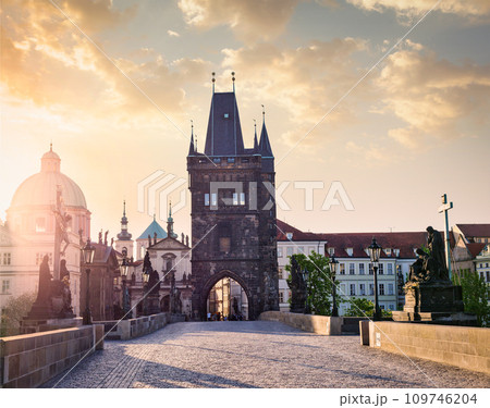 Charles bridge tower in Prague on sunrise Charles bridge tower in Prague on sunrise 109746204