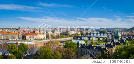 Panoramic view of Prague bridges over Vltava river 109746205