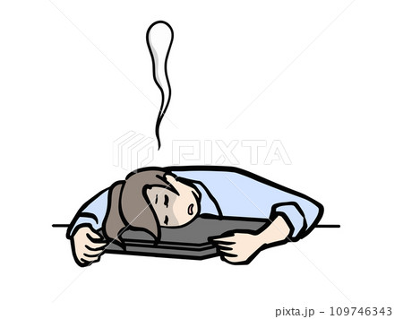 パソコンを枕に疲労困憊で魂の抜けた女性のイラスト 109746343