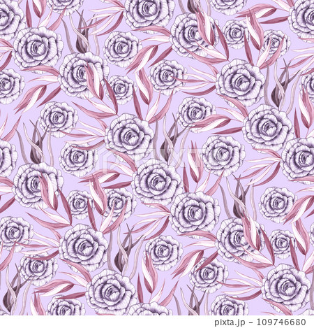 Roses and eucalyptus bouquets pattern on a purple background Roses and eucalyptus bouquets pattern on a purple background 109746680