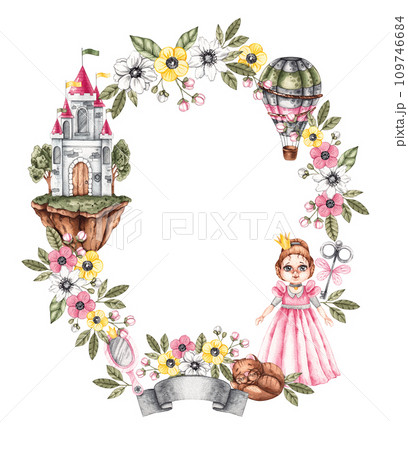 Watercolor childrens frame with princess, castles in the air, accessories and flowers on white Watercolor childrens frame with princess, castles in the air, accessories and flowers on white 109746684