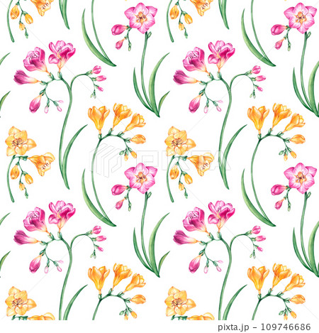 Watercolor seamless pattern with twigs of freesia flower in yellow and pink colors Watercolor seamless pattern with twigs of freesia flower in yellow and pink colors 109746686