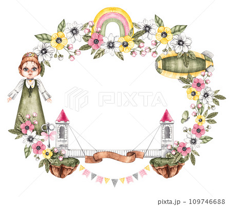 Watercolor childrens frame with princess, castles in the air, accessories and flowers on white Watercolor childrens frame with princess, castles in the air, accessories and flowers on white 109746688