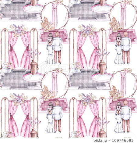 Wedding pattern with newlyweds, accessories, ceremony, flowers on a white background 109746693