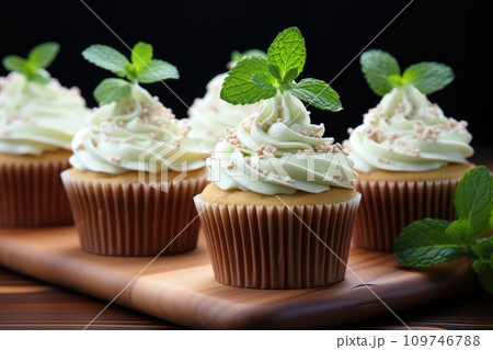 AI-generated content. Festive green cupcake with green whipped cream and mint for St. Patrick's Day or Birthday party. Close up. 109746788