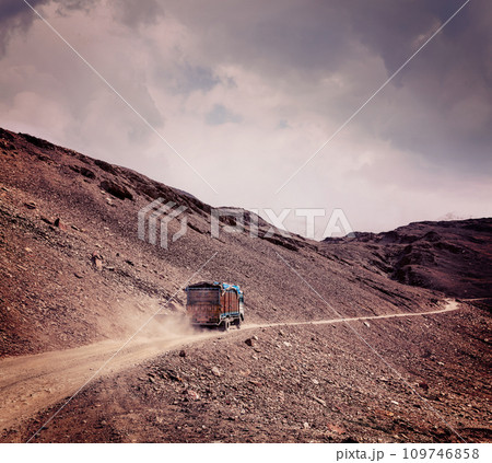 Manali-Leh Road in Indian Himalayas with lorry Manali-Leh Road in Indian Himalayas with lorry 109746858