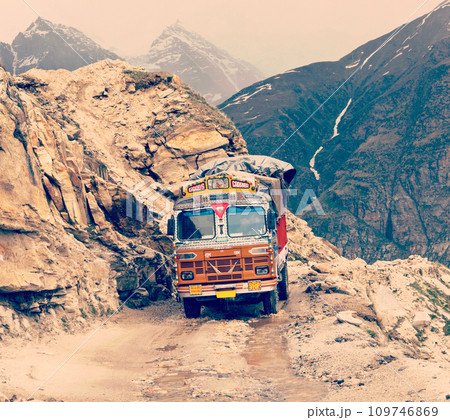 Manali-Leh road in Indian Himalayas with lorry Manali-Leh road in Indian Himalayas with lorry 109746869