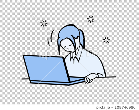 一位身穿西裝的女士在電腦前打瞌睡的單色插圖 109746986