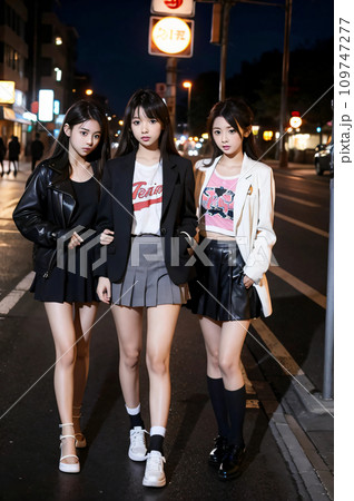 道路を歩く女子高生3人　AI生成画像 AI生成 AI画像 AI美女 109747277