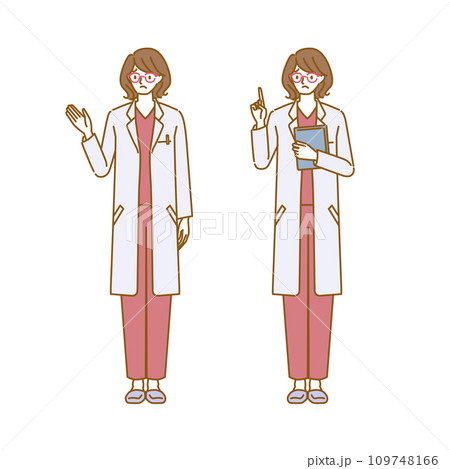 白衣とメガネを着用した女性の医者が困った表情で案内をするポーズのセット（全身） 109748166