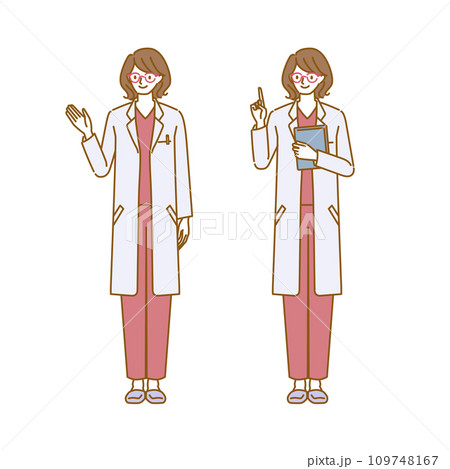 白衣とメガネを着用した女性の医者が笑顔で案内をするポーズのセット（全身） 109748167