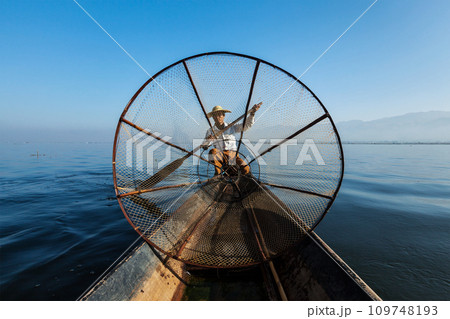 Burmese fisherman at Inle lake, Myanmar Burmese fisherman at Inle lake, Myanmar 109748193