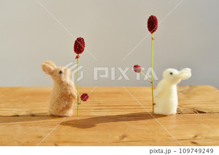 赤茶色のワレモコウの花とフェルトのウサギ　　 109749249