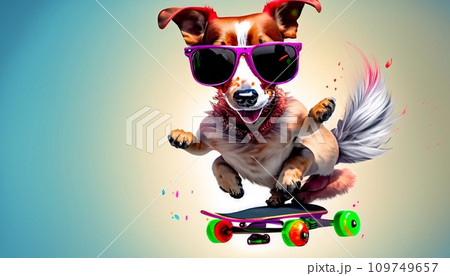 スケートボードをしているサングラスをかけた犬 109749657
