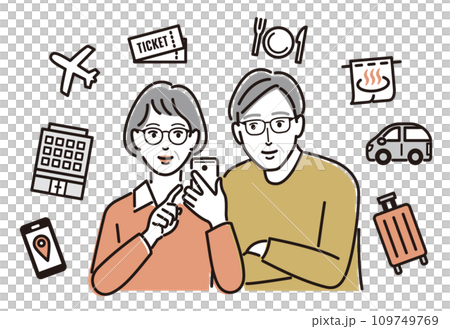 Elderly men and women making travel reservations on smartphones 109749769
