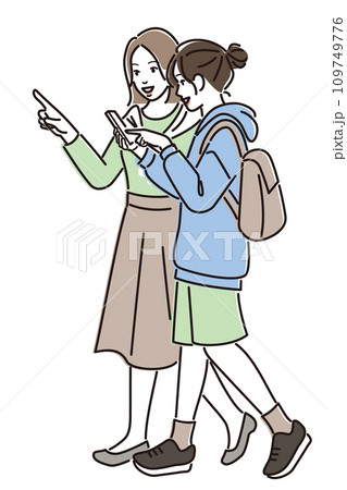 スマホで案内を見ながら歩く若い女性 109749776