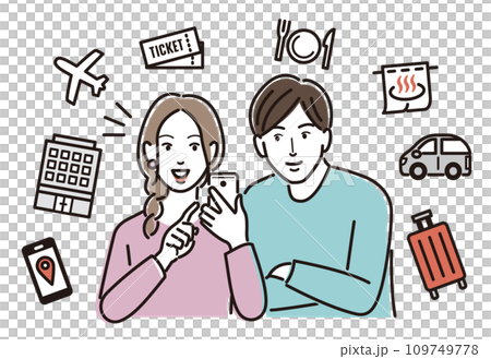 一名男子和一名女子用智慧型手機規劃旅行 109749778