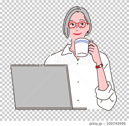 A stylish senior woman is drinking coffee while using a computer A stylish senior woman is drinking coffee while using a computer 109749996