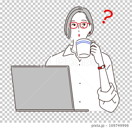 A stylish senior woman is drinking coffee while using a computer. Questions A stylish senior woman is drinking coffee while using a computer. Questions 109749998