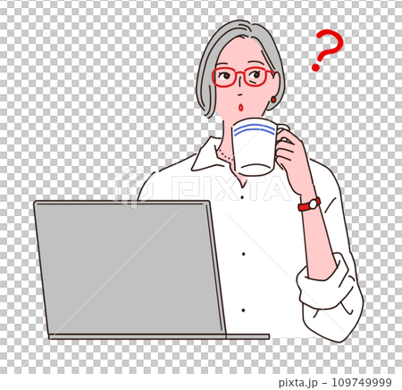 A stylish senior woman is drinking coffee while using a computer. Questions A stylish senior woman is drinking coffee while using a computer. Questions 109749999
