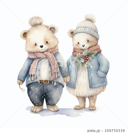 Watercolor illustration of two cute bears in winter clothes, isolated on white background. 109750339