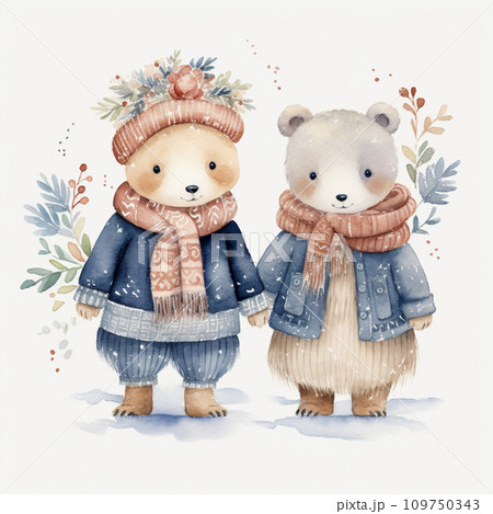 Watercolor illustration of two cute bears in winter clothes, isolated on white background. 109750343