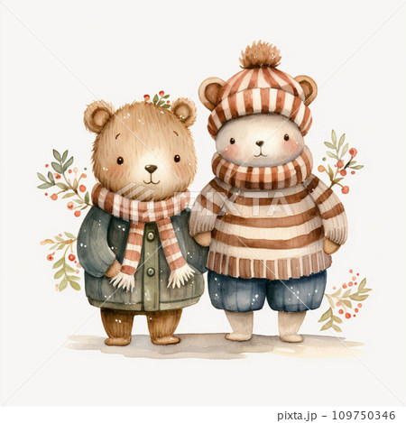 Watercolor illustration of two cute bears in winter clothes, isolated on white background. Watercolor illustration of two cute bears in winter clothes, isolated on white background. 109750346