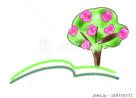 広がる草原と花を咲かせた木 109750372