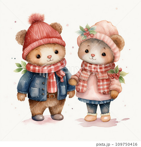 Cute cartoon bear and bear in winter clothes. Watercolor illustration Cute cartoon bear and bear in winter clothes. Watercolor illustration 109750416