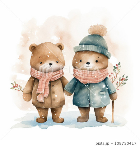 Cute cartoon bear and bear in winter clothes. Watercolor illustration 109750417