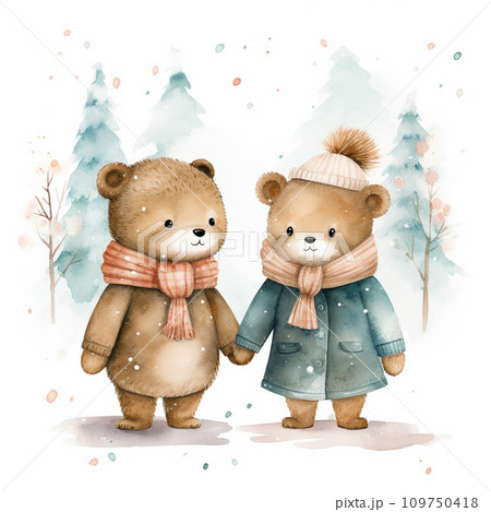 Cute cartoon bear and bear in winter clothes. Watercolor illustration 109750418