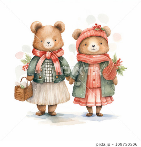 Watercolor illustration of two cute bears in warm clothes. Isolated on white background. 109750506