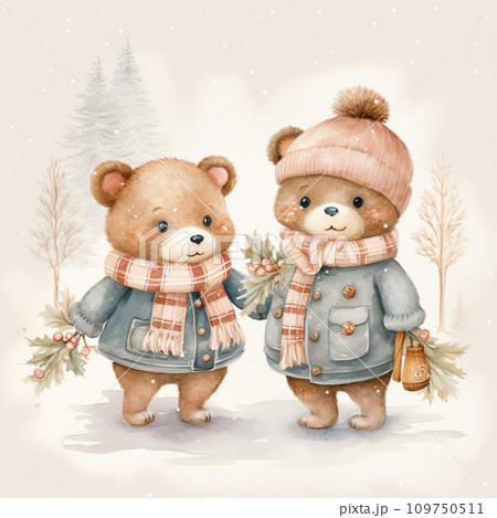 Watercolor illustration of two cute bears in warm clothes. Isolated on white background. Watercolor illustration of two cute bears in warm clothes. Isolated on white background. 109750511