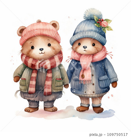Watercolor illustration of two cute bears in warm clothes. Isolated on white background. 109750517