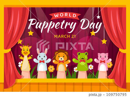 World Puppetry Day Vector Illustration on March 21 for Puppet Festivals which is moved by the Fingers Hands in Flat Kids Cartoon Background Design 109750795