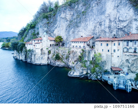 Drone view at the monastery of Santa Caterina del Sasso on lake Maggiore Italy 109751166