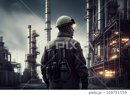 Refinery industry engineer with blueprint working 109751559